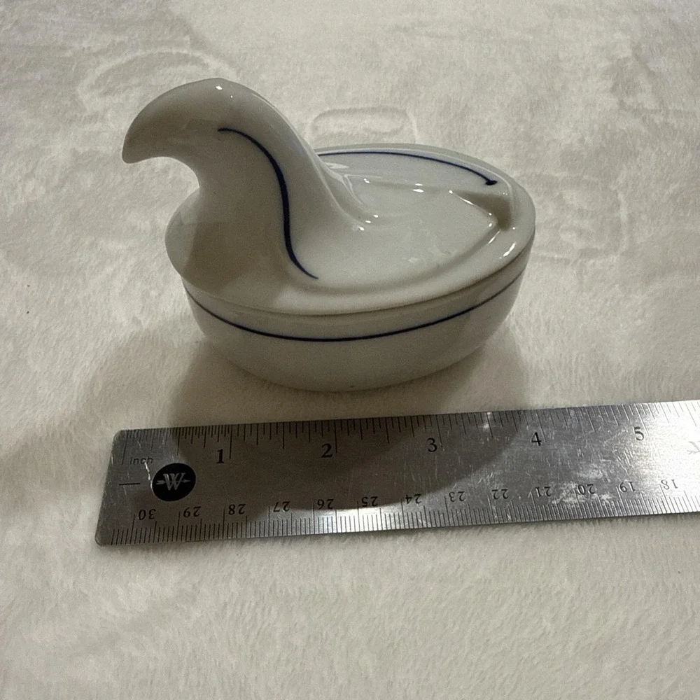 Vintage Dansk Flora Swan Trinket Box White Porcelain Blue Trim Japan
